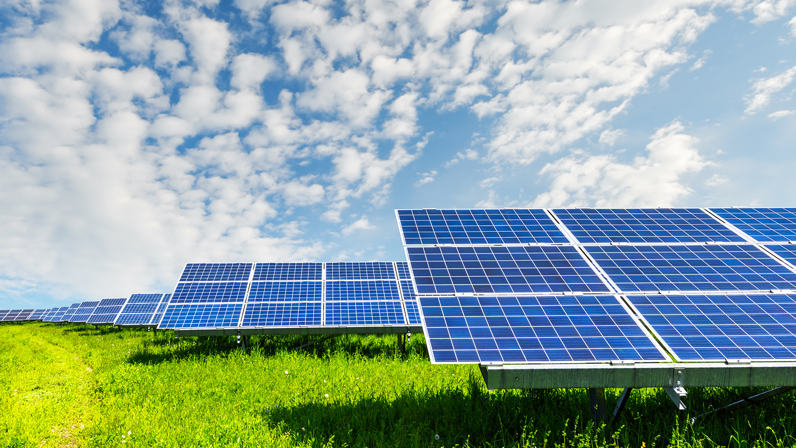 Freifeld-Photovoltaikanlage unter blauem Wolkenhimmel